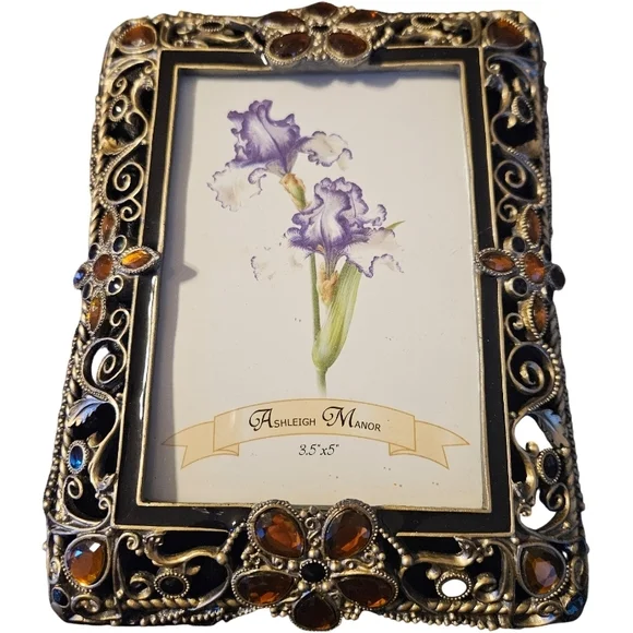 🦉Ashleigh Manor jeweled picture frame in black enamel with amber & blue crystal - Picture 1 of 8